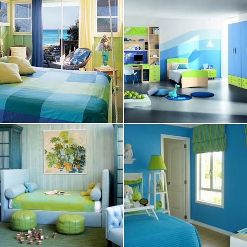 Żółty, biały, zielony i niebieski w różnych odcieniach to idealne połączenie kolorów do sypialni.